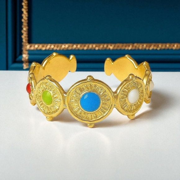 🆕️Bold 18K Gold Plated Open Adjustable Ring With Colorful Medallion Accents 🌈 - Picture 1 of 11
